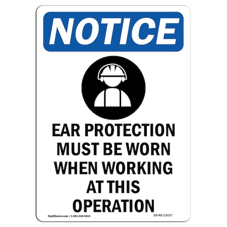 OSHA Notice Sign, Ear Protection Must With Symbol, 24in X 18in Aluminum